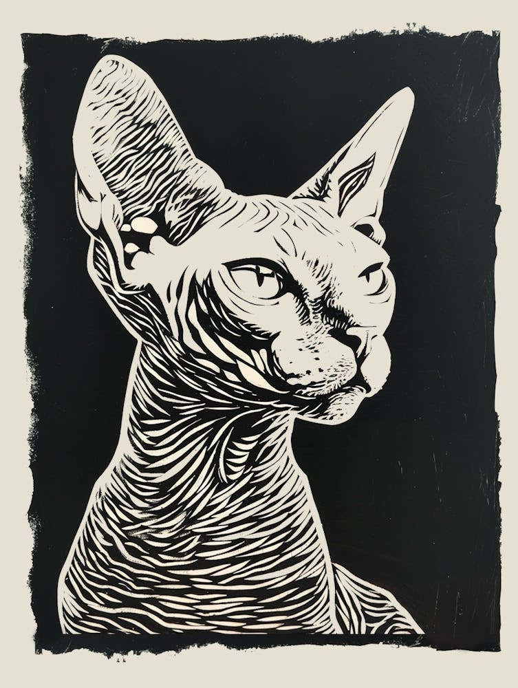 Devon Rex Linocut Blockprint 3