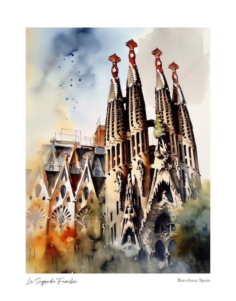 La Sagrada Familia, Barcelona, Spain 3 Watercolour Travel Poster