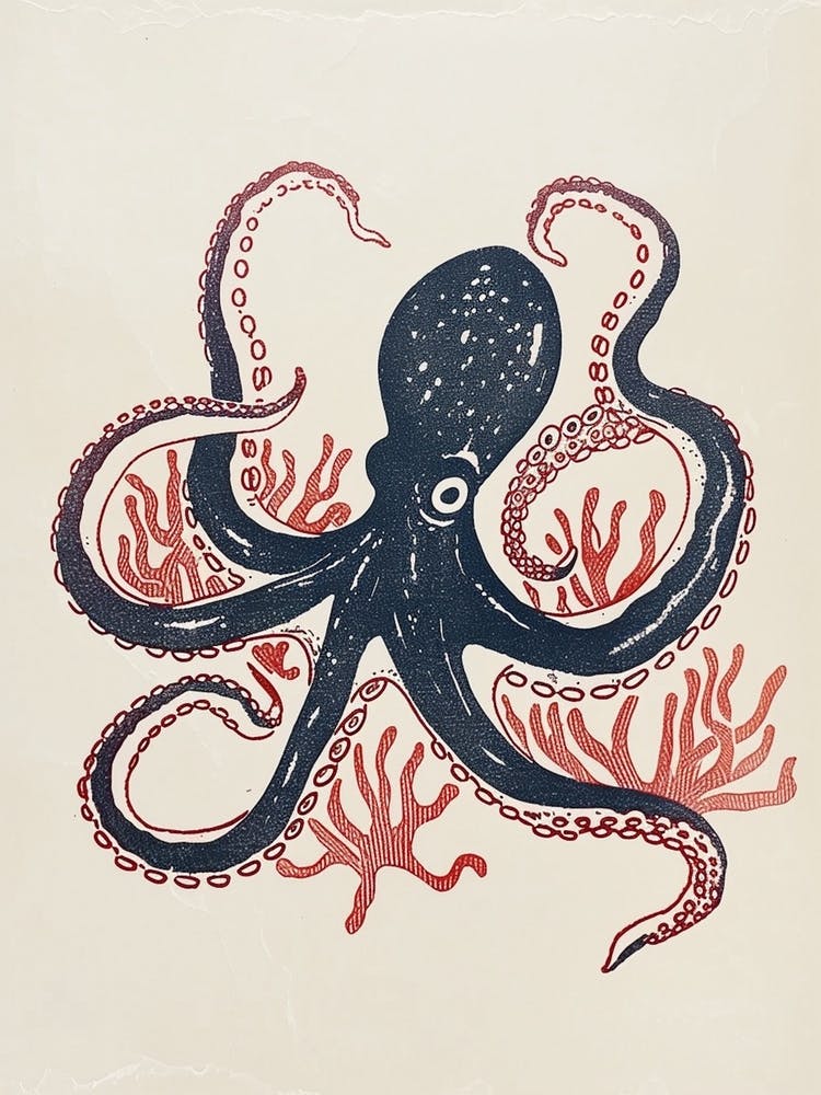 Simple Linocut Navy Octopus With Coral