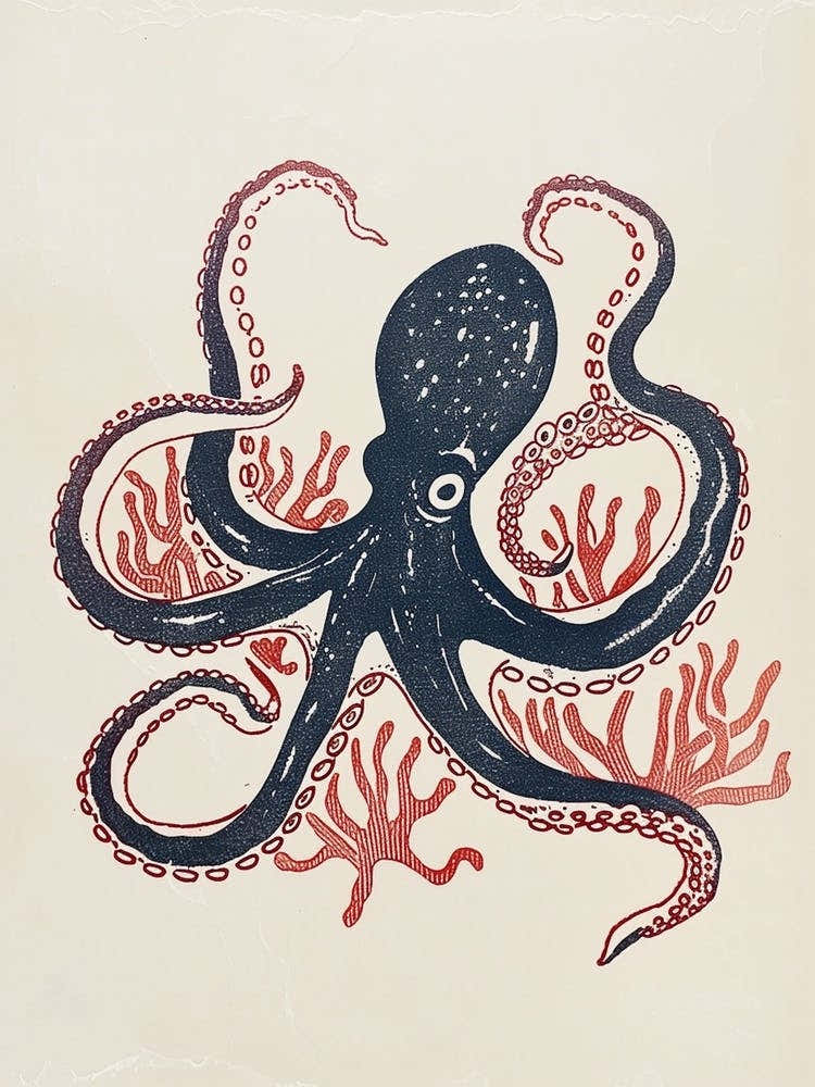 Simple Linocut Navy Octopus With Coral