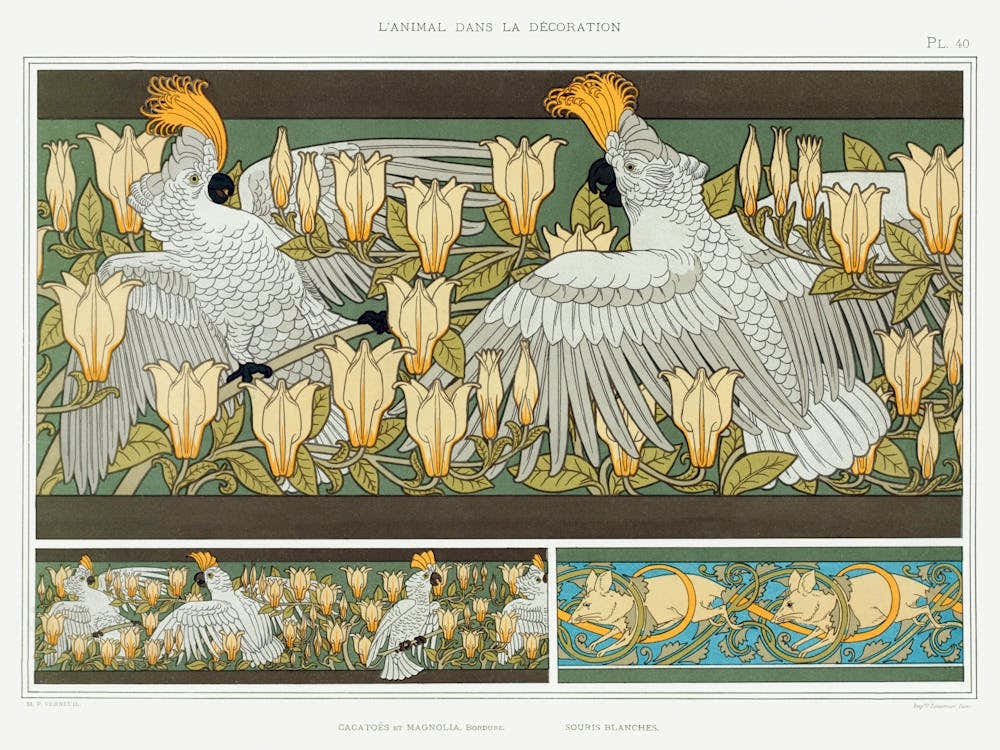 Cockatoos And Magnolia; White Mice From The Animal In The Decoration (1897), Maurice Pillard Verneuil