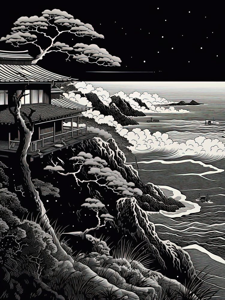 San In Coast In Tottori,, Ukiyo E Black And White Line Art Drawing 1