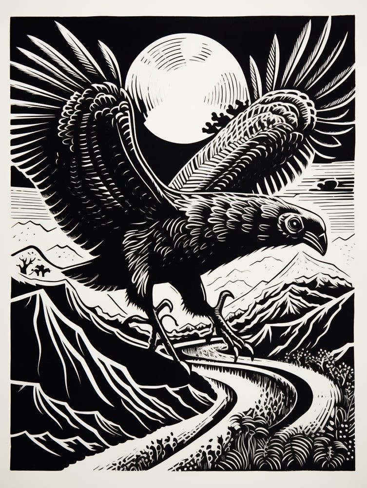 B&W Bird Linocut California Condor 2
