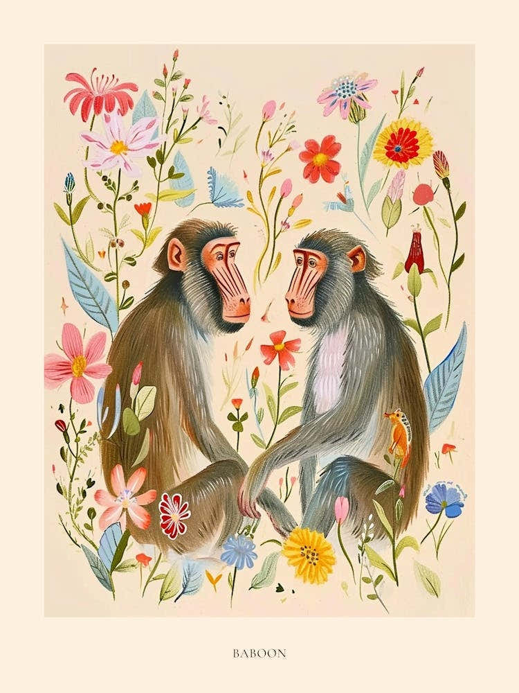 Folksy Floral Animal Drawing Baboon Poster