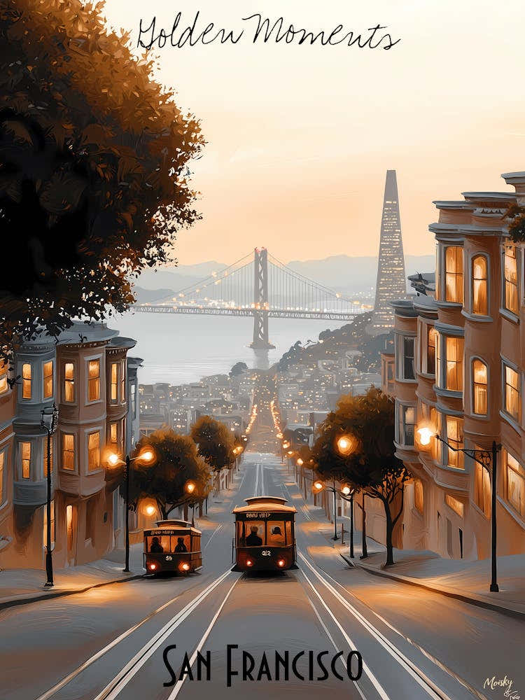 Golden Moments San Francisco, minimalist soft tones palette, watercolor poster