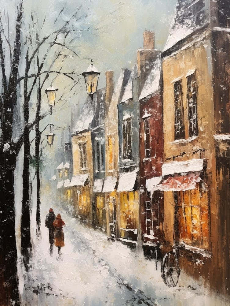 Vintage Winter Painting Bruges Belgium 1