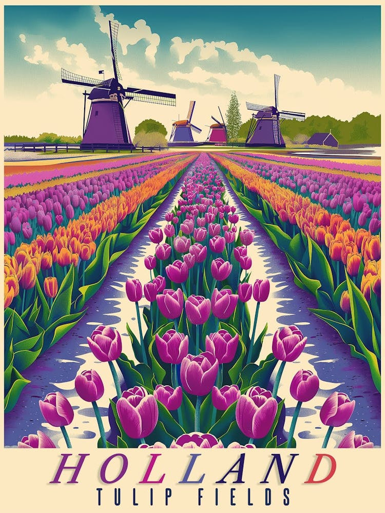 Vintage Style Travel Poster For The Tulip Fields Holland Small