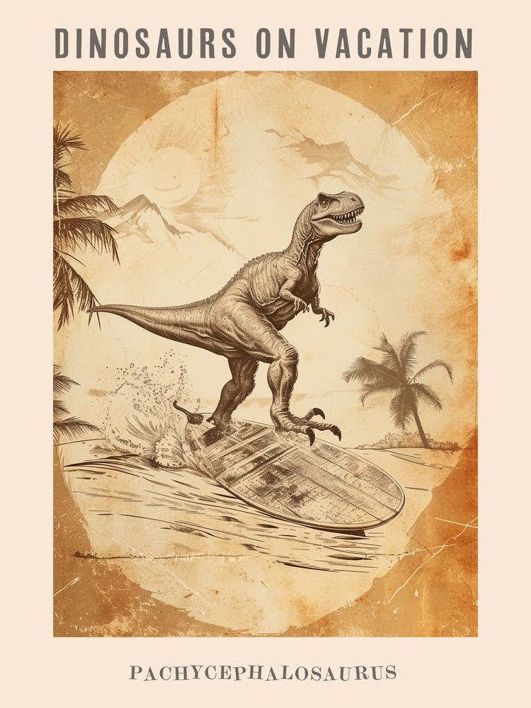 Vintage Pachycephalosaurus Dinosaur On A Surf Board 1 Poster