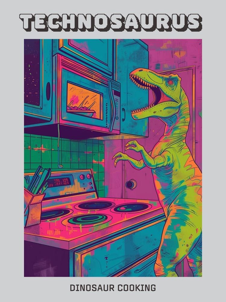 Dinosaur Cooking In The Kitchen Neon Colours Poster