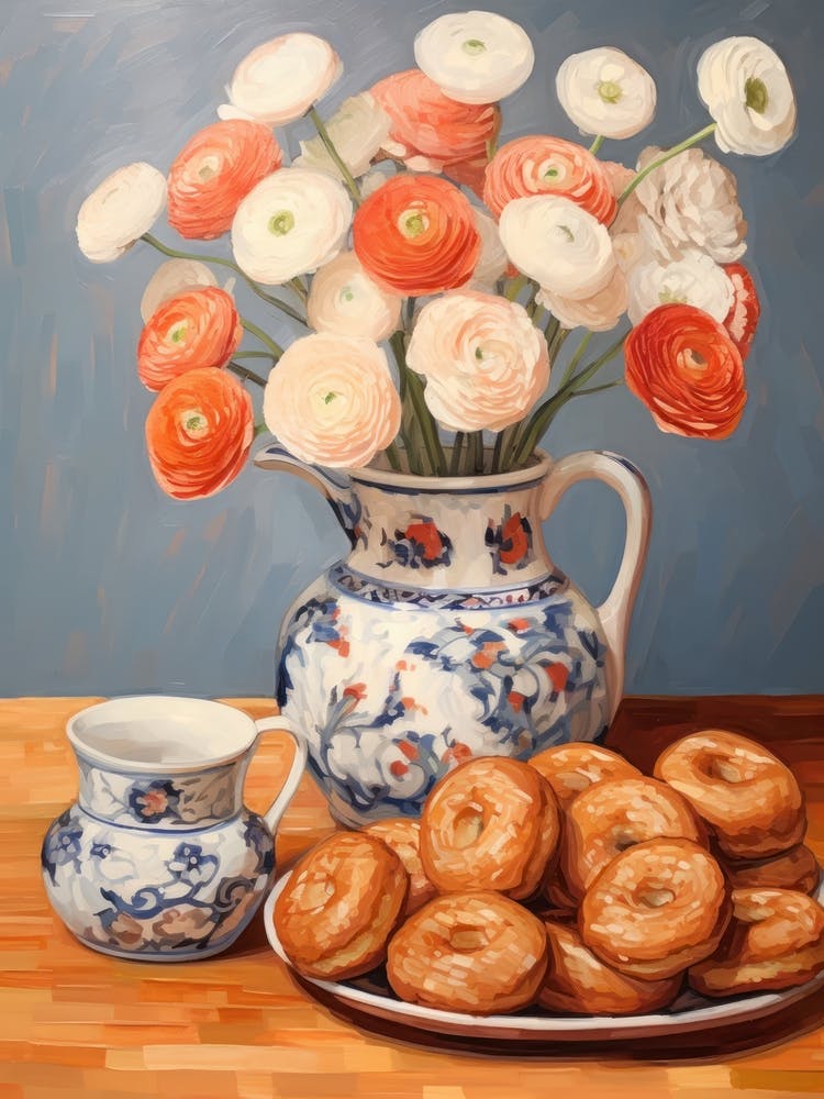 Ranunculus Flower And Doughnuts Still Life Painting 1 Dreamy