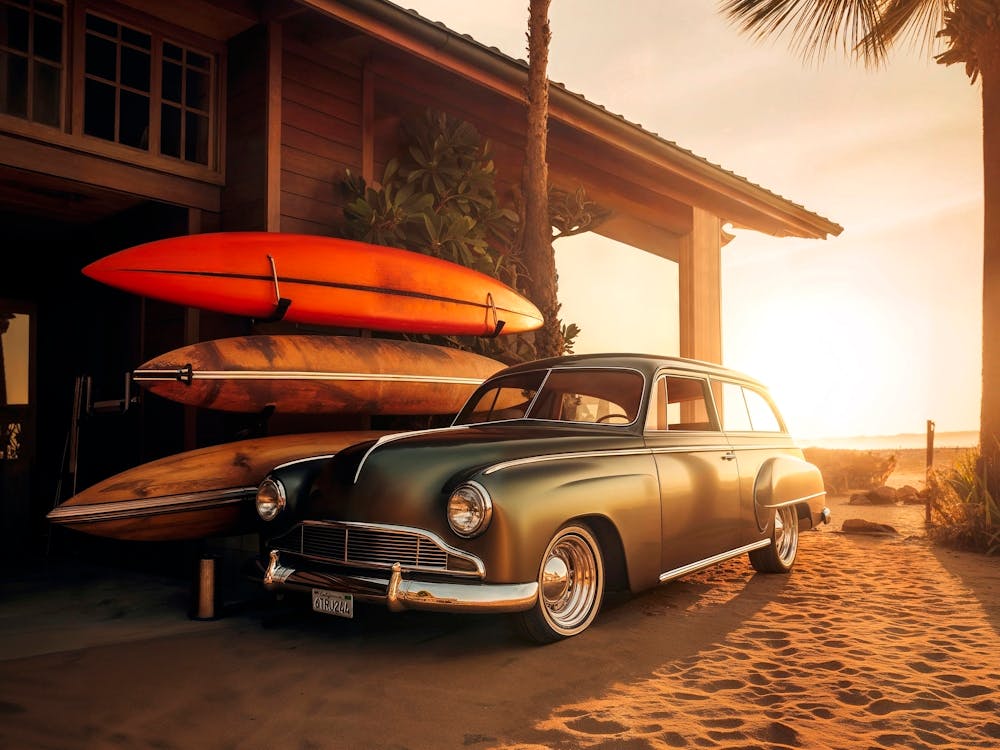 California Dreaming - Vintage Car Sunset Beach