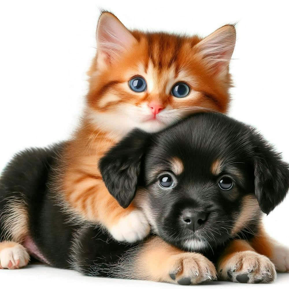 Cute Kitty And Puppy Cuddling Together Isolated On White Background 1