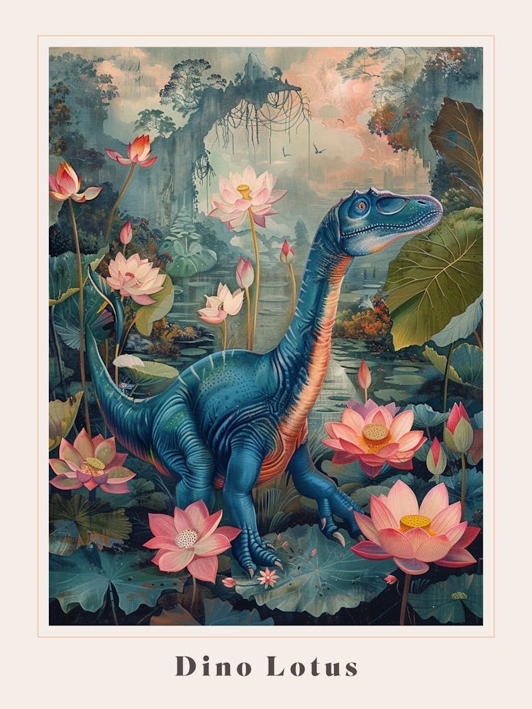Dinosaur With Lotus Flowers Painting 1 Poster