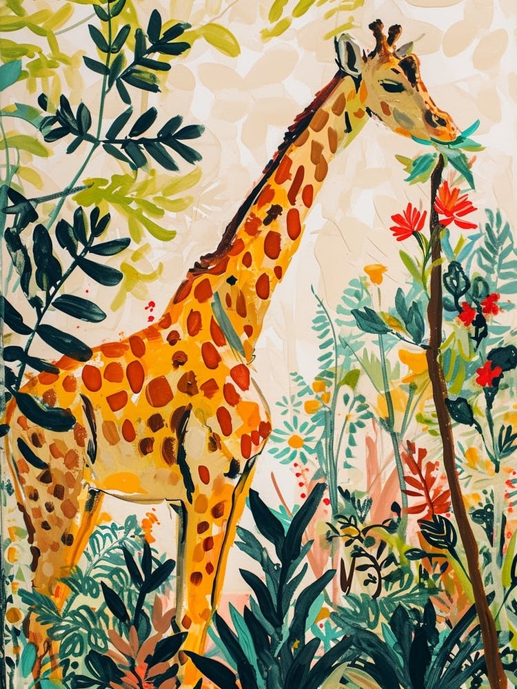 Giraffes In The Leaves Cute Illustration 4