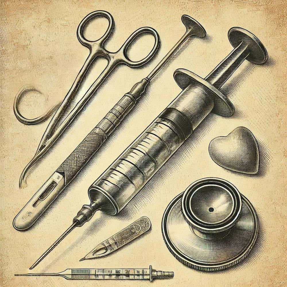 Hand Crafted Vintage Medical Instruments Printed Art An Artistic Depiction Of Classic Medical Tools, Perfect For Bringing A Touch Of Medical History And Craftsmanship To Any Space Printed Art