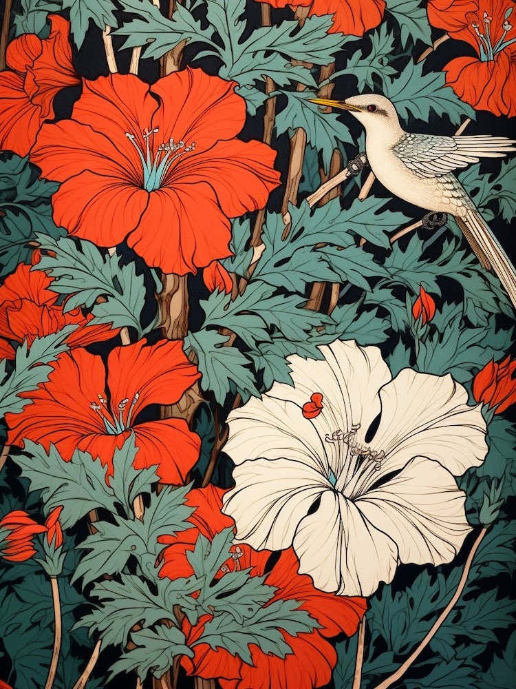 Chinese Bellflower And Bird Vintage Japanese Botanical