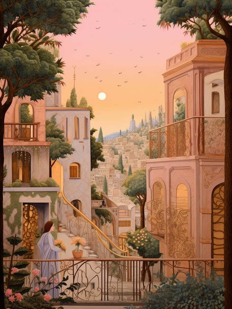 Haifa Israel 4 Vintage Pink Travel Illustration