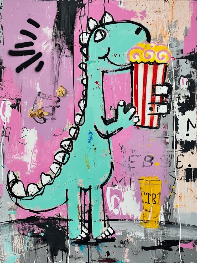 Dinosaur Eating Popcorn Purple Graffiti Style 1