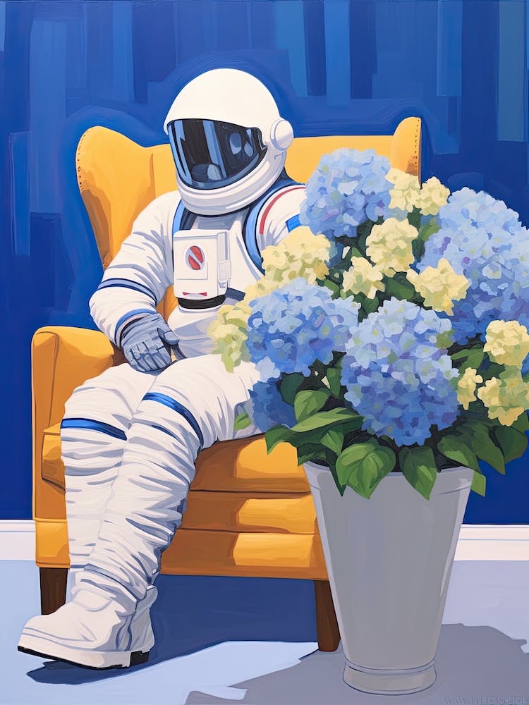 Astronaut Surrounded By Royal Blue Hydrangea Flower 2