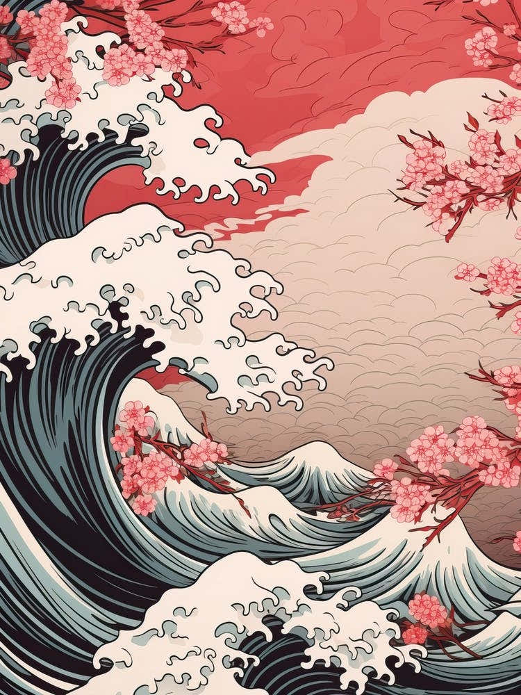 Great Wave With Cherry Blossom Flower Drawing In The Style Of Ukiyo E 2