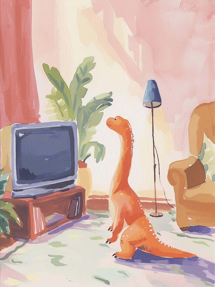 Dinosaur In The Living Room With A Tv 1