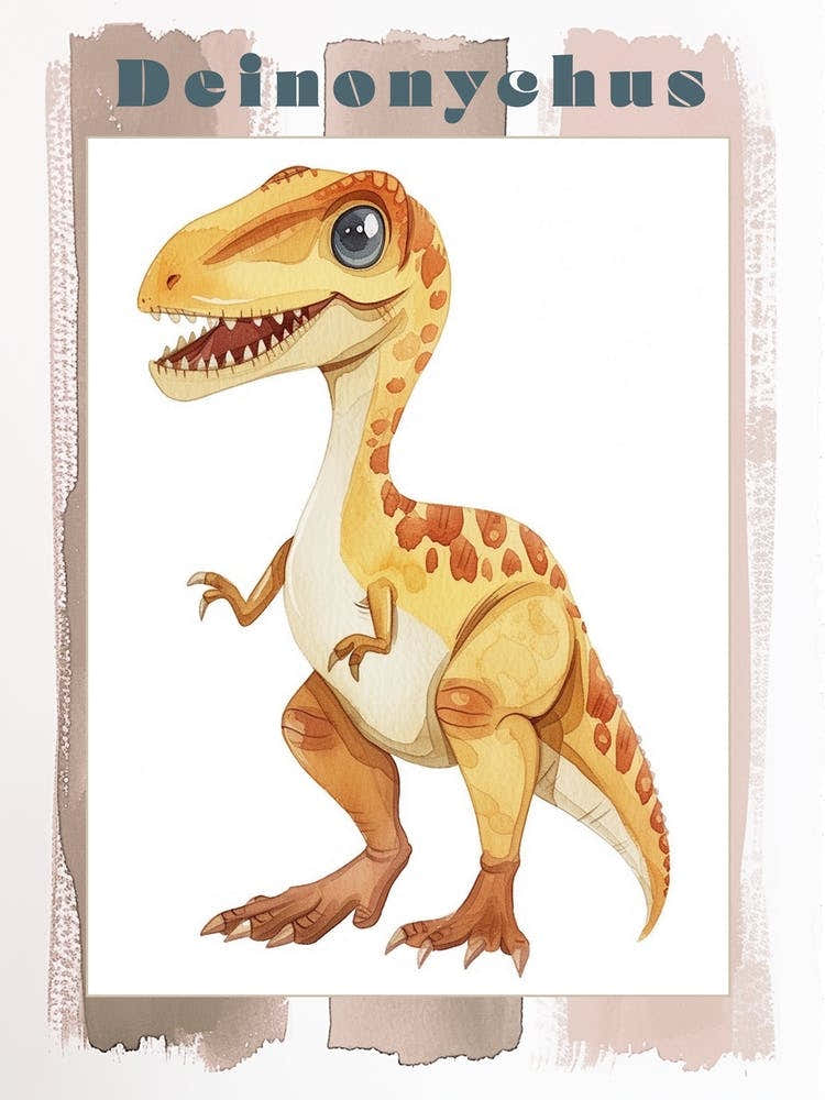 Cute Cartoon Deinonychus Dinosaur Watercolour 2 Poster