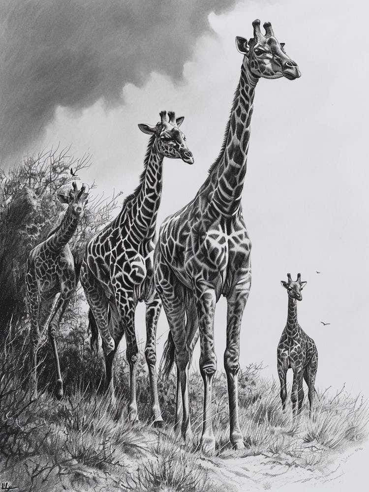 Giraffe Walking Down The Path Pencil Drawing 2