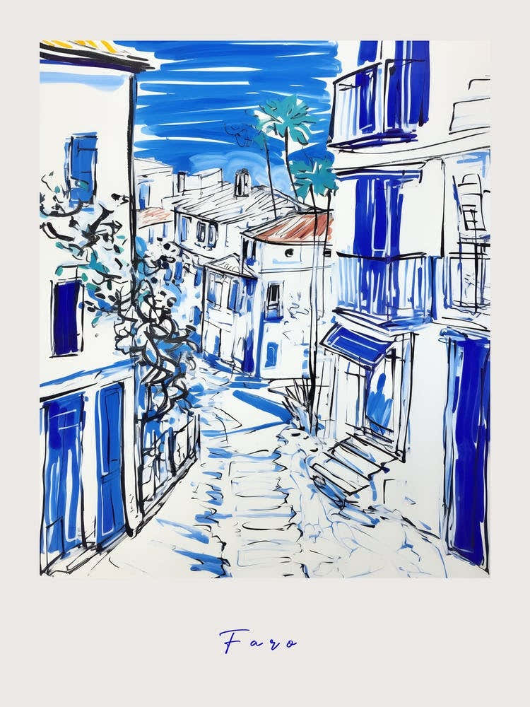 Faro Portugal 3 Mediterranean Blue Drawing Poster