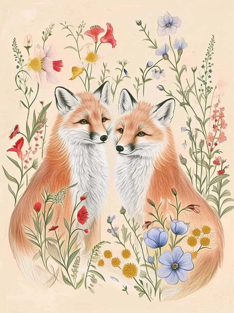 Folksy Floral Animal Drawing Fox 8