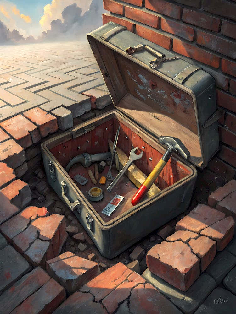 Hidden Toolbox with Tools Rustic Outdoor Scene with Brickwork and Sunset Light oil painting