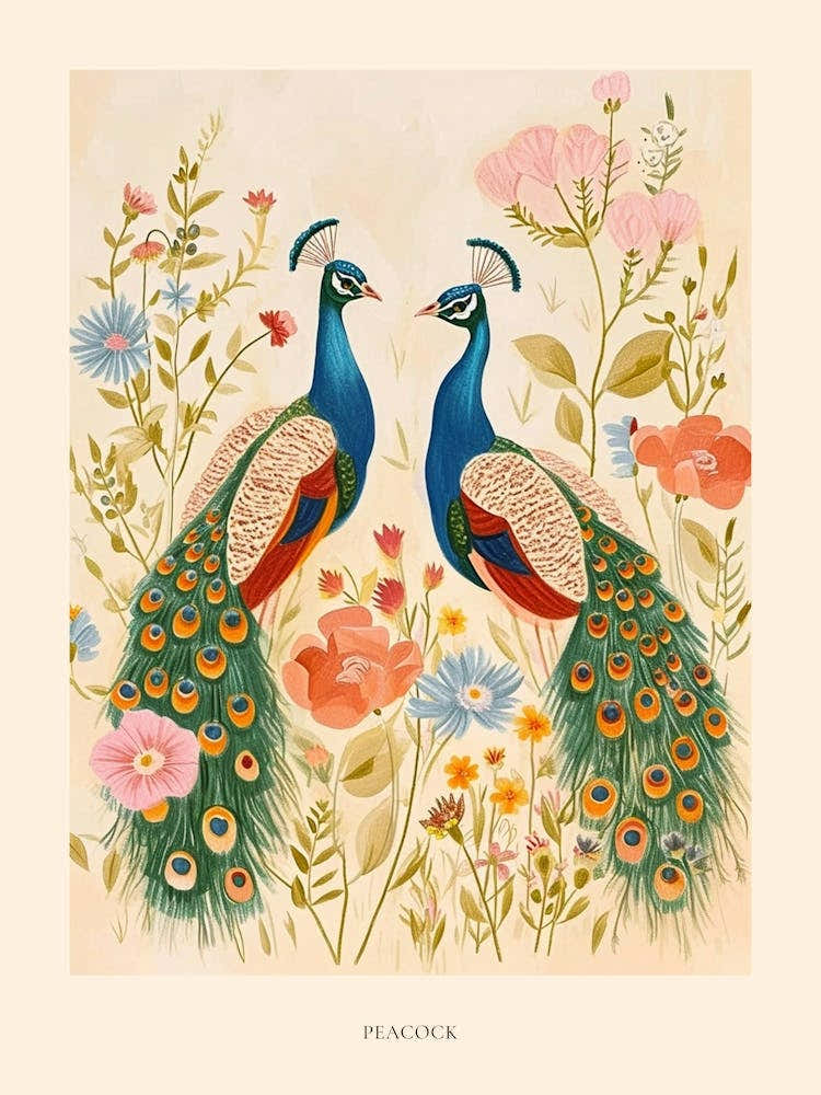 Folksy Floral Animal Drawing Peacock 4 Poster