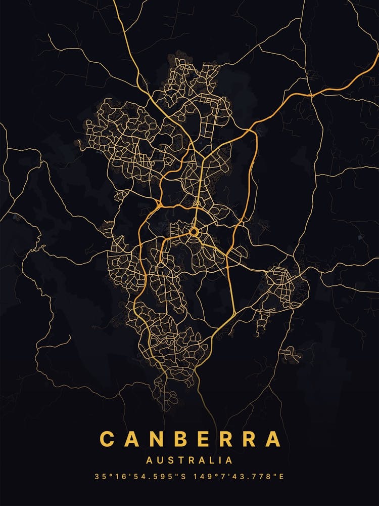 Canberra Australia Black And Gold Map