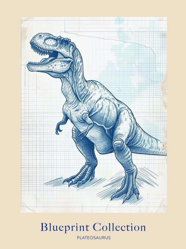 Plateosaurus Dinosaur Blue Print Sketch 2 Poster