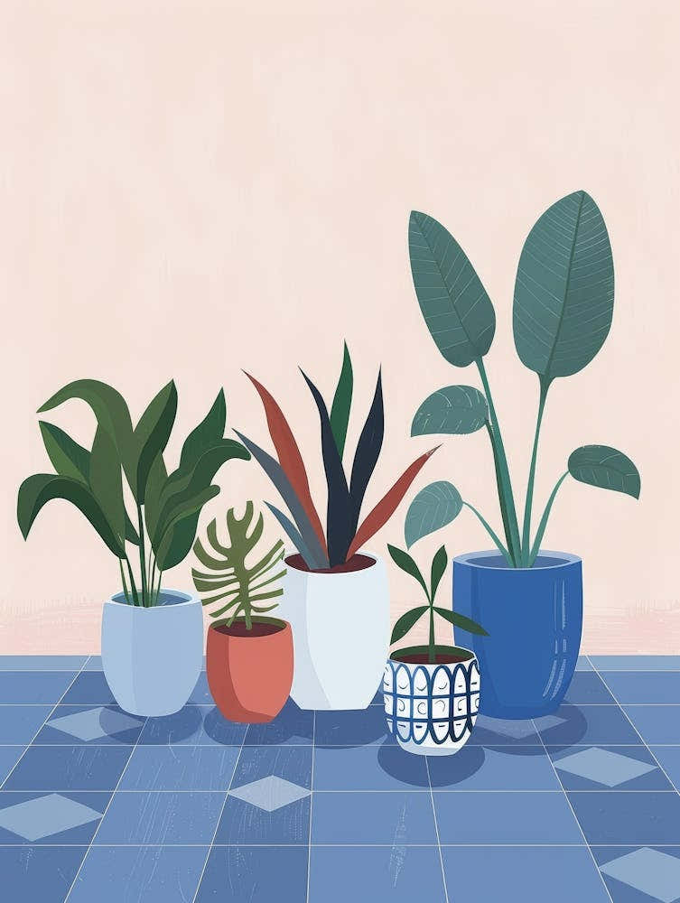 Potted Plants On A Tile Floor