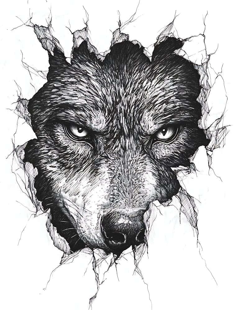 Angry Wolf Watching from Wall Hole 2