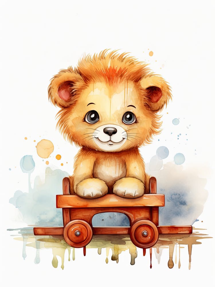 Baby Lion On A Toy Car, Watercolour Nursery 1