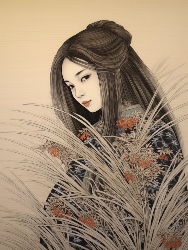 Fujibakama Japanese Silver Grass 2 Vintage Japanese Botanical And Geisha