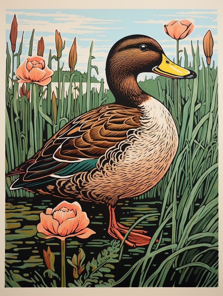 Vintage Bird Linocut Mallard Duck 1