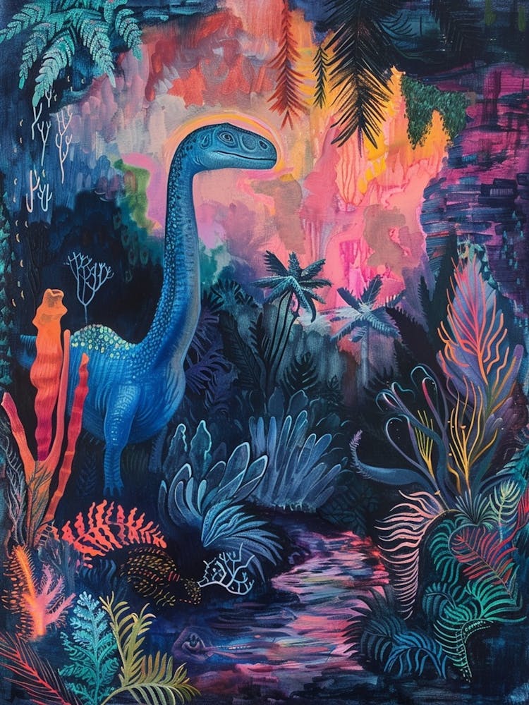Colourful Tropical Cave Dinosaur Painting