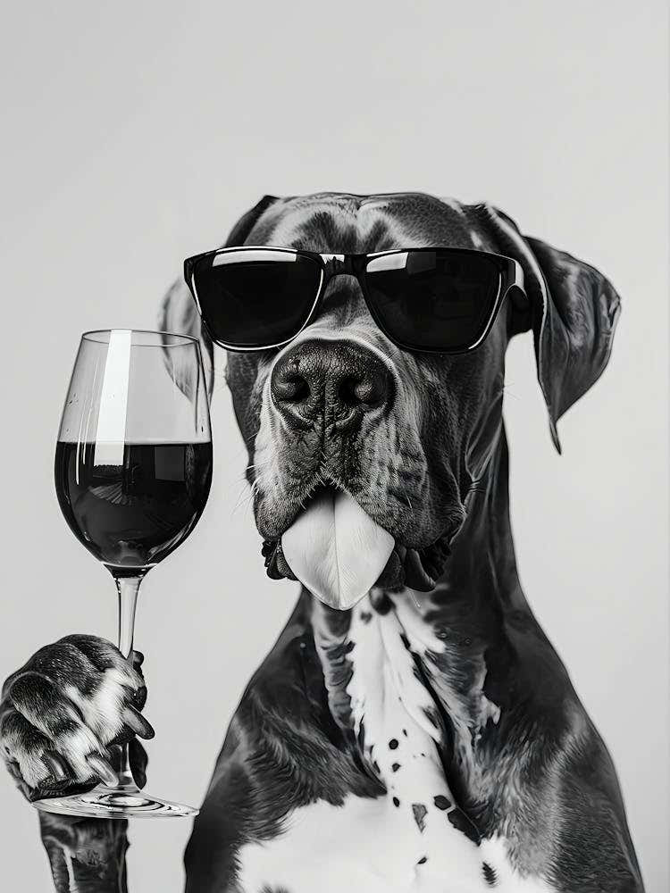 Great Dane Holding Wine Wall Art, Black And White Print, Great Dane Gift, Alcohol Print, Bar Cart Art, Funny Dog Poster, Kitchen Wall Decor