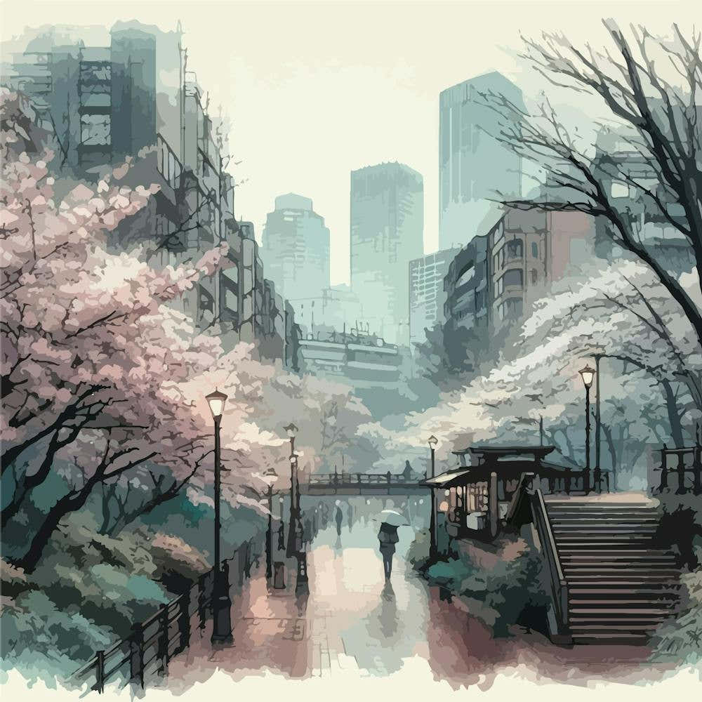"Tokyo Rainfall" | Rainy, Umbrellas, Gloomy, Cityscape, Tokyo, Japan, Artwork, Wall Art, Watercolor, Aesthetic, Zen, Lofi, Anime