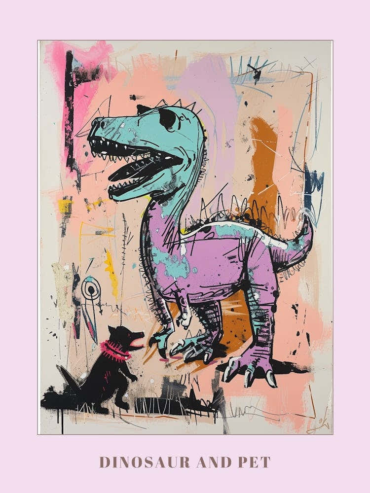 Dinosaur With Pet Blue Purple Pink 4 Poster