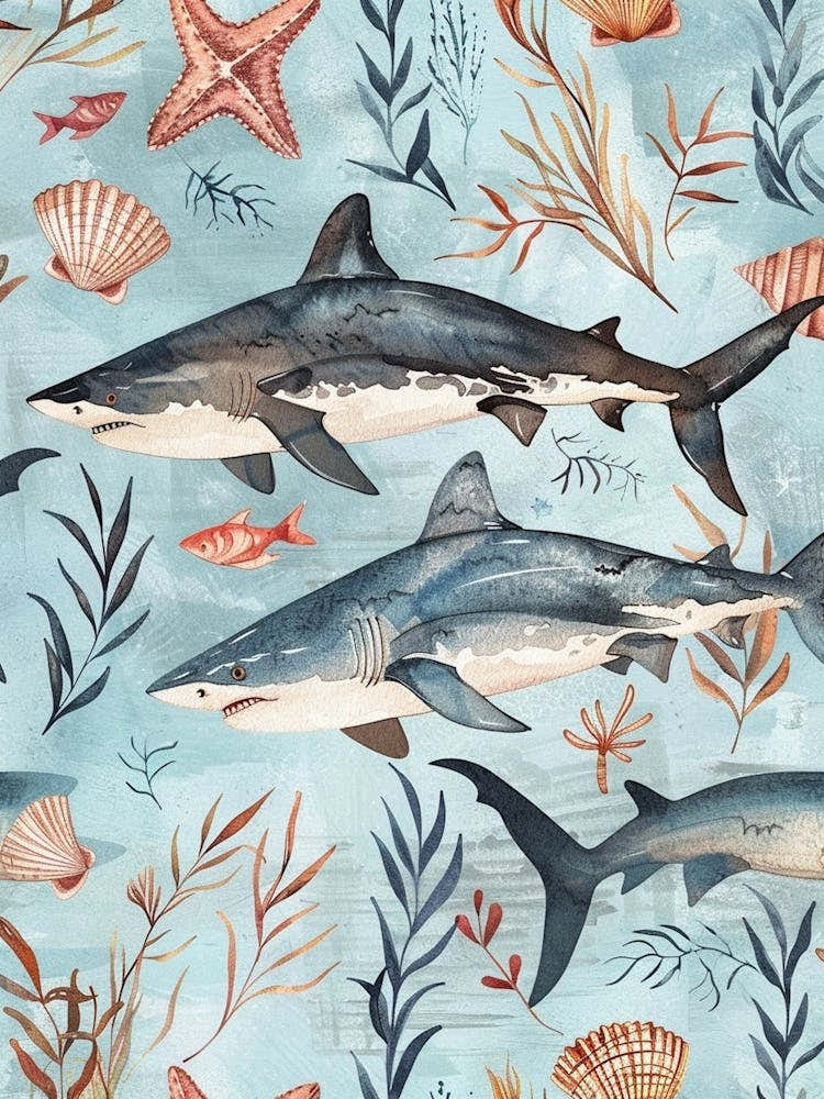 Pastel Blue Shark Watercolour Seascape Pattern 5