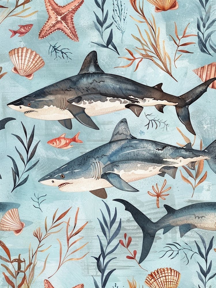 Pastel Blue Shark Watercolour Seascape Pattern 5