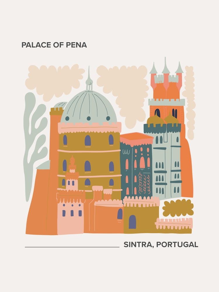 Palace Of Pena   Sintra, Portugal, Warm Colours Illustration Travel Poster 2