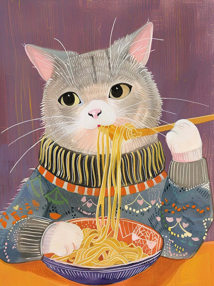 Grey Cat Pasta Lover Folk Illustration 3