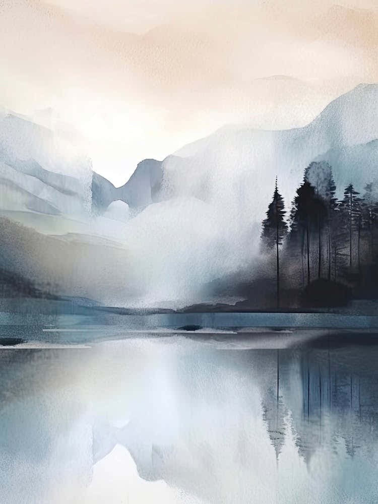 Watercolour Landscape, Blue Nordic Nature Lake 1