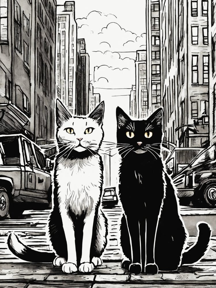 Two Cats On The Street black and white