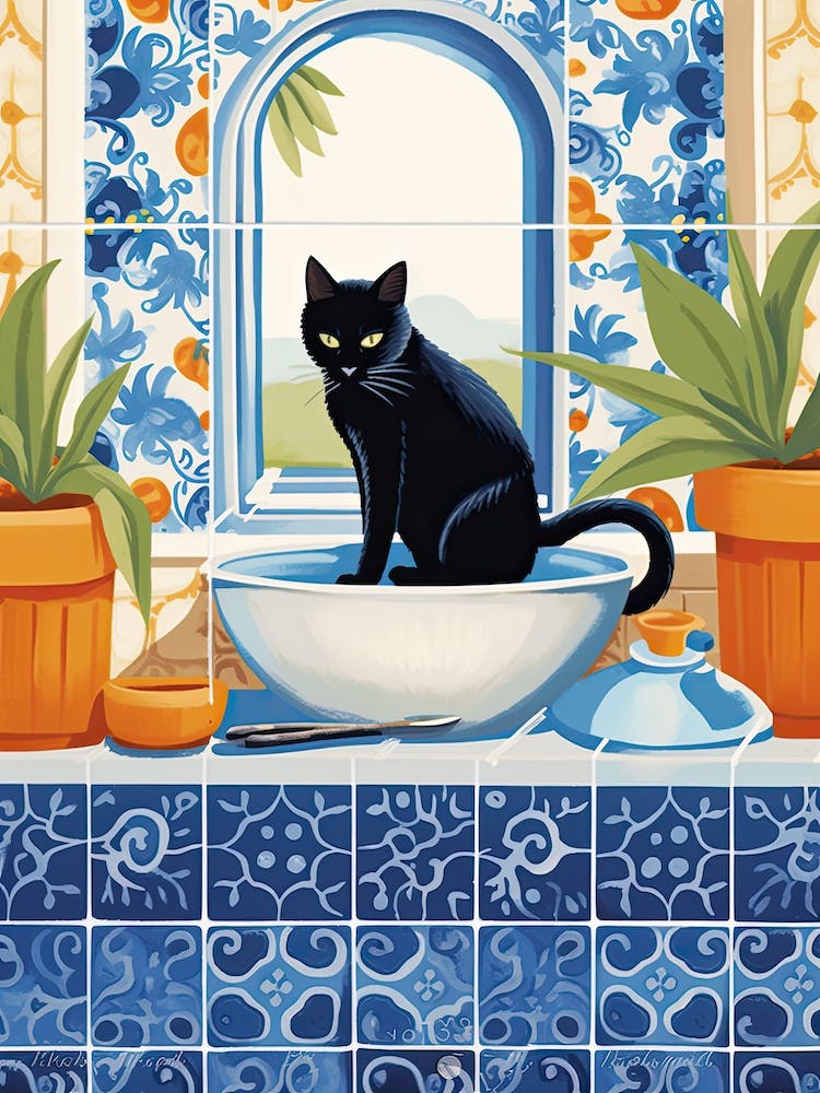 Black Cat In The Kitchen Sink, Mediterranean Style 5