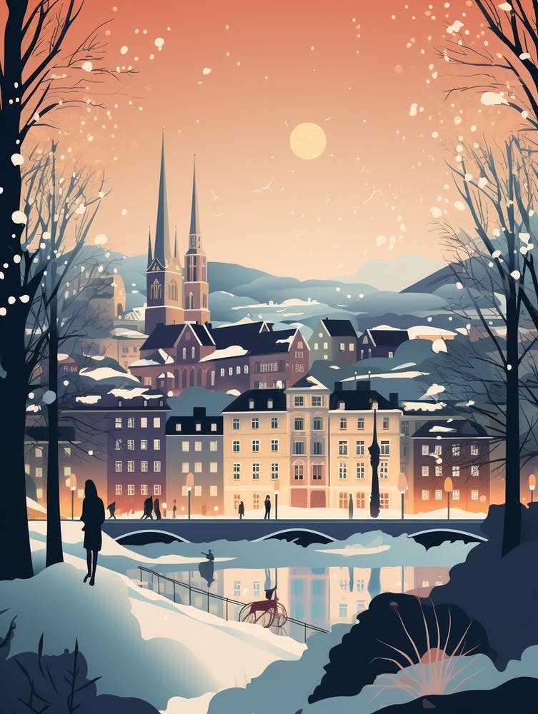 Winter Travel Night Illustration Geneva Switzerland 4
